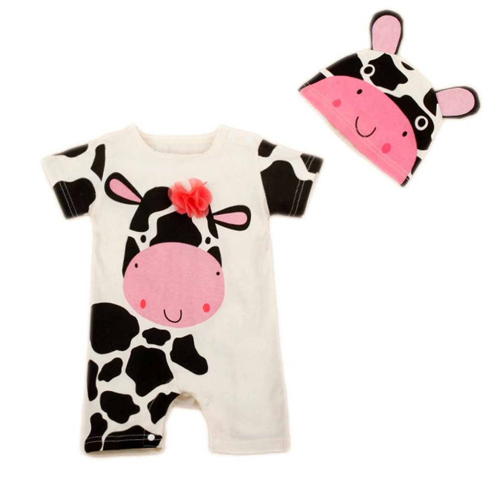 White Cow Cotton Baby Romper & Hat 2pcs Outfit